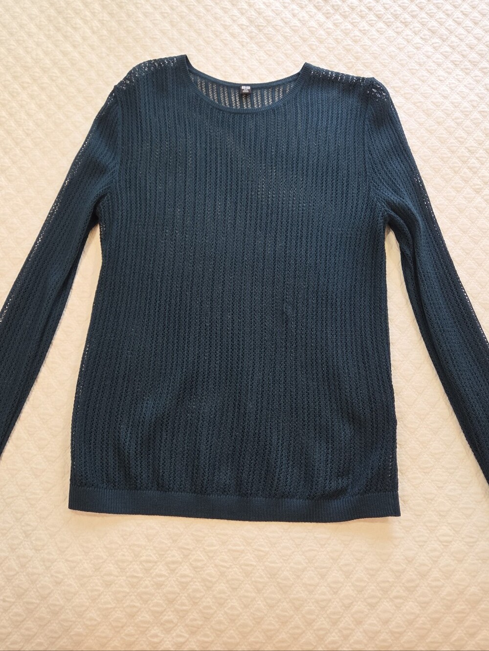 Uniqlo Pointelle Knit Lace Mesh Sweater Top Wool Blend Size XXS Dark Teal Blue